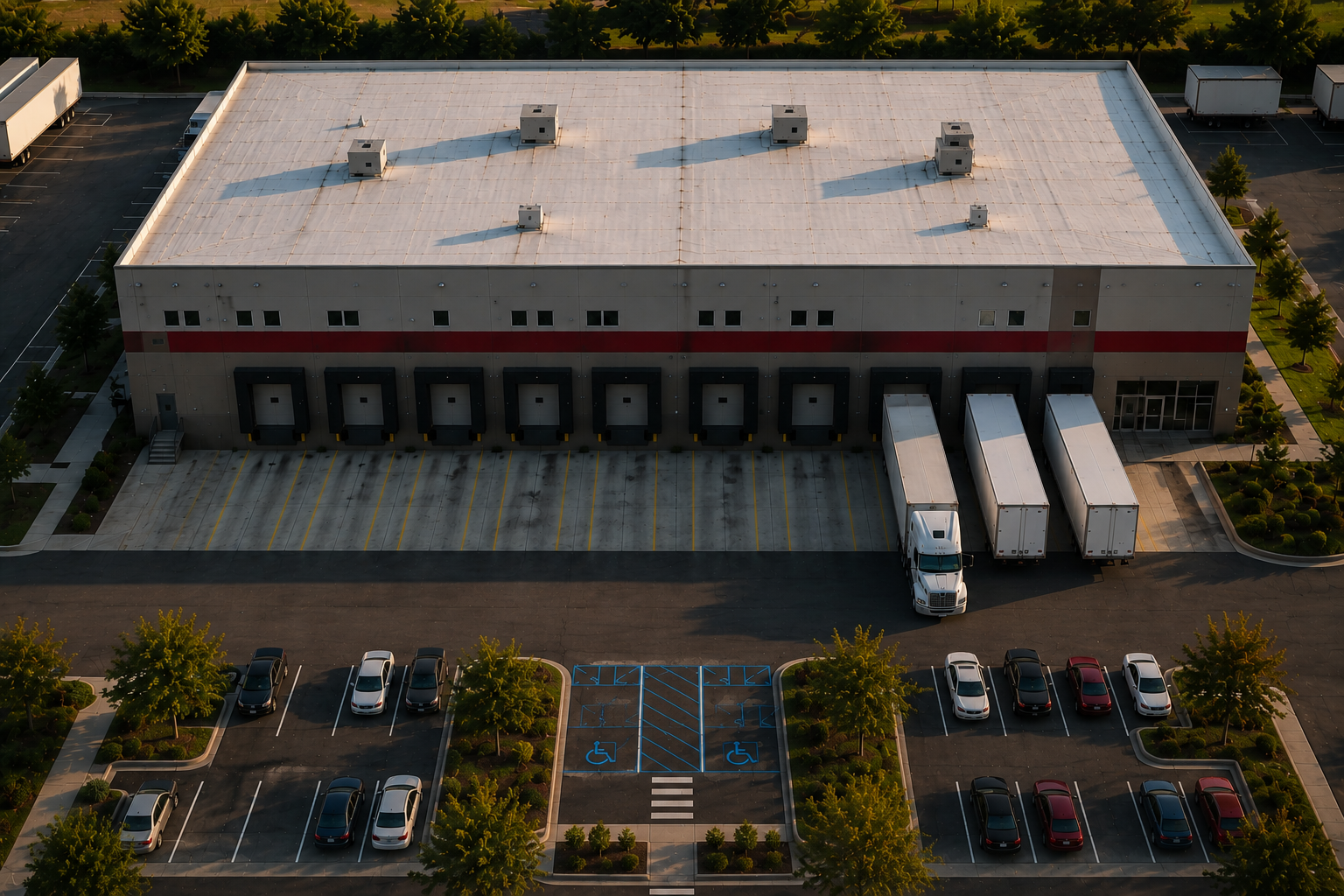 Aerial view of a BJL Legacy warehouse and distribution facility with loading docks and delivery trucks